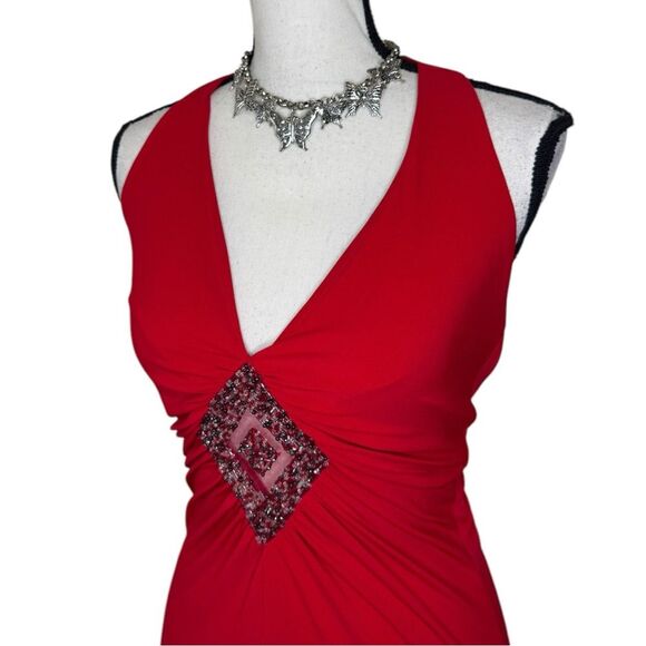 Y2K Red Beaded Tulip Hem Maxi Formal Halter Dress Size Medium - Picture 3 of 5